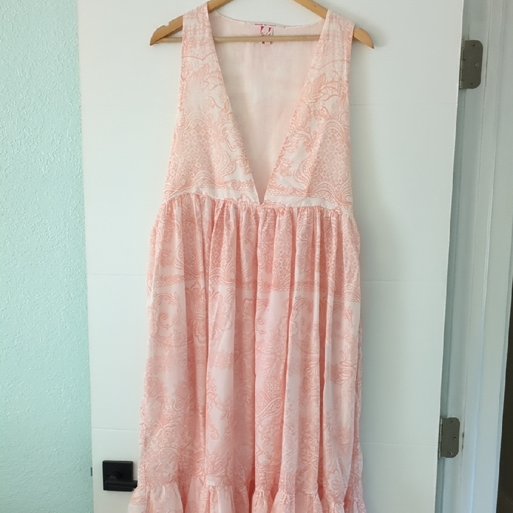 Nolita Denimes Pink Sleeveless Feminine Tiered Maxi Dress Deep V-Neck One Sz